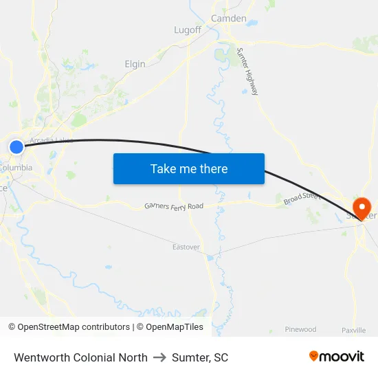 Wentworth Colonial North to Sumter, SC map