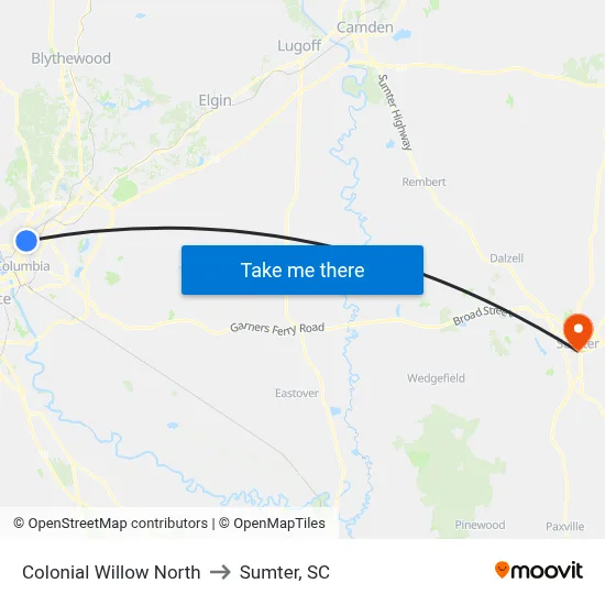Colonial Willow North to Sumter, SC map