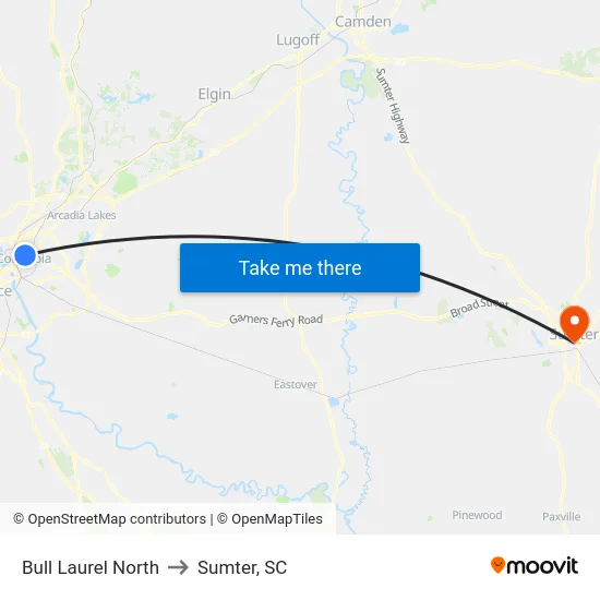 Bull Laurel North to Sumter, SC map