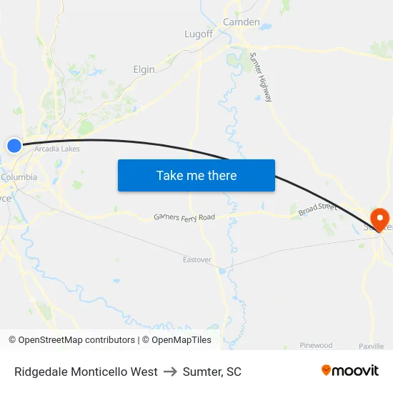 Ridgedale Monticello West to Sumter, SC map
