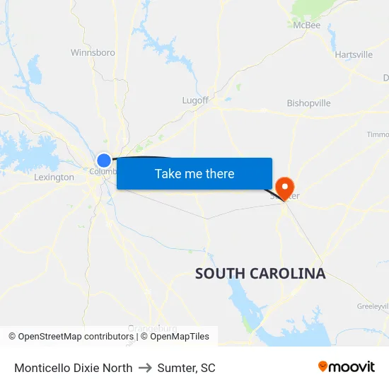 Monticello Dixie North to Sumter, SC map