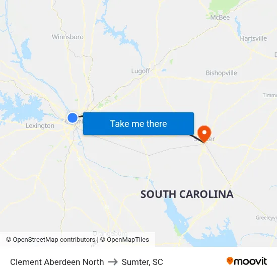 Clement Aberdeen North to Sumter, SC map