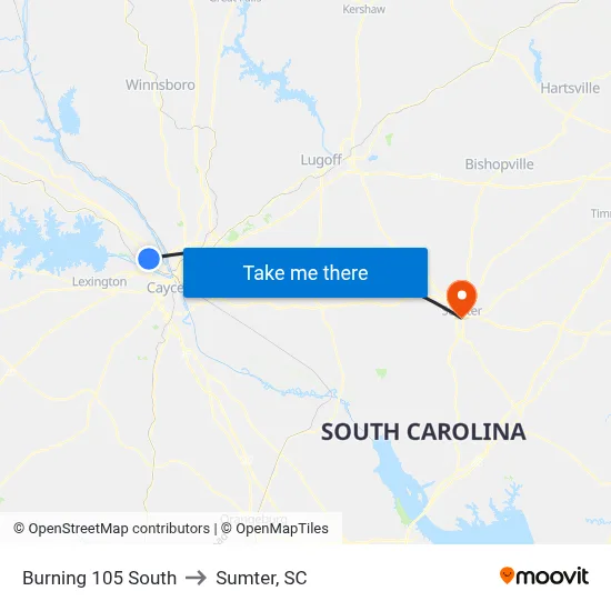 Burning 105 South to Sumter, SC map