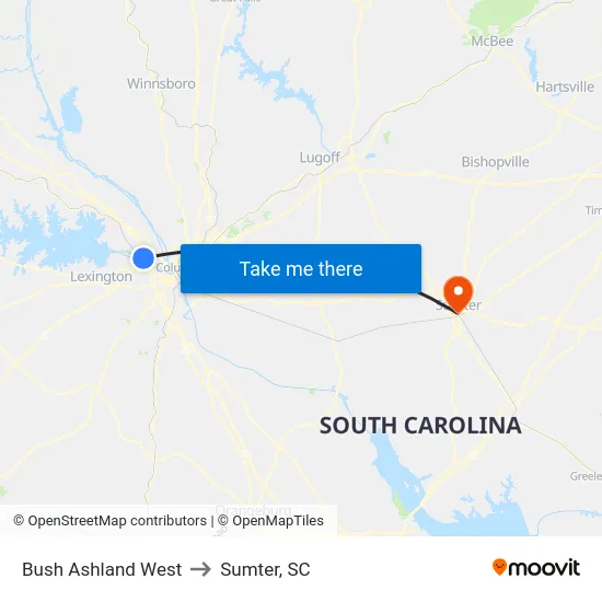 Bush Ashland West to Sumter, SC map