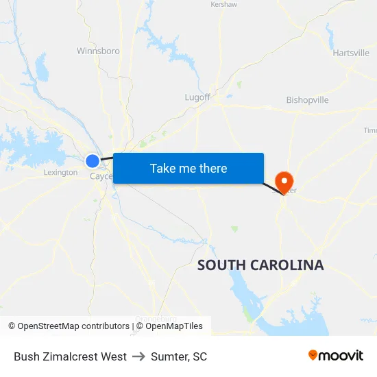 Bush Zimalcrest West to Sumter, SC map