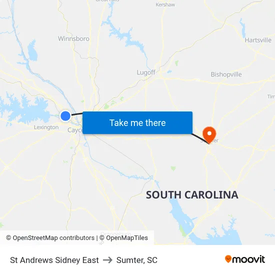 St Andrews Sidney East to Sumter, SC map