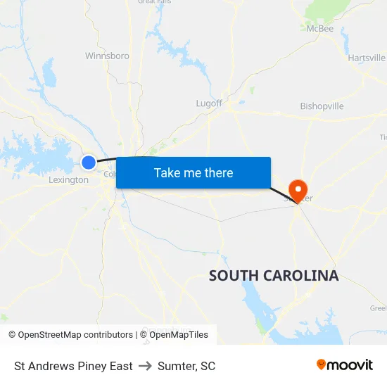 St Andrews Piney East to Sumter, SC map
