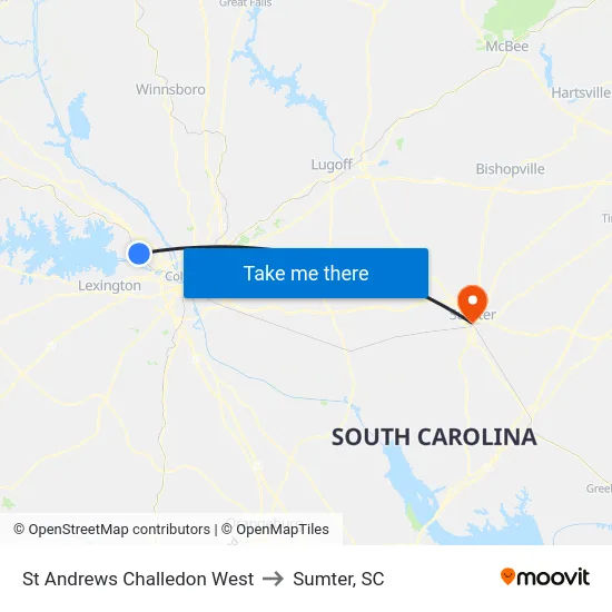 St Andrews Challedon West to Sumter, SC map