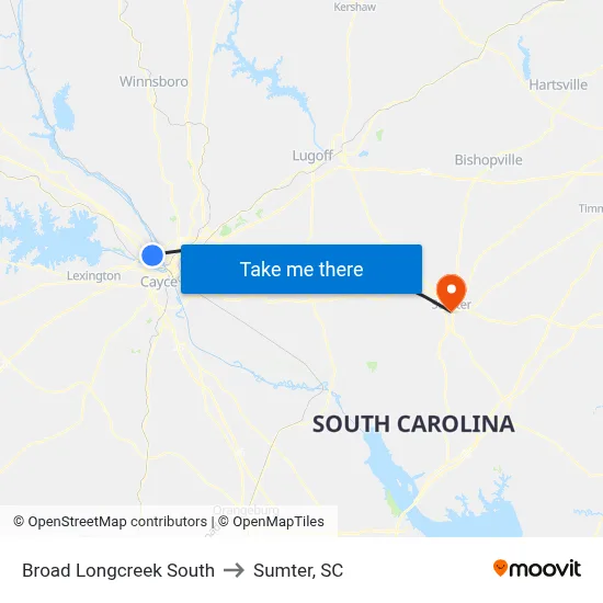 Broad Longcreek South to Sumter, SC map