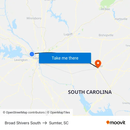Broad Shivers South to Sumter, SC map