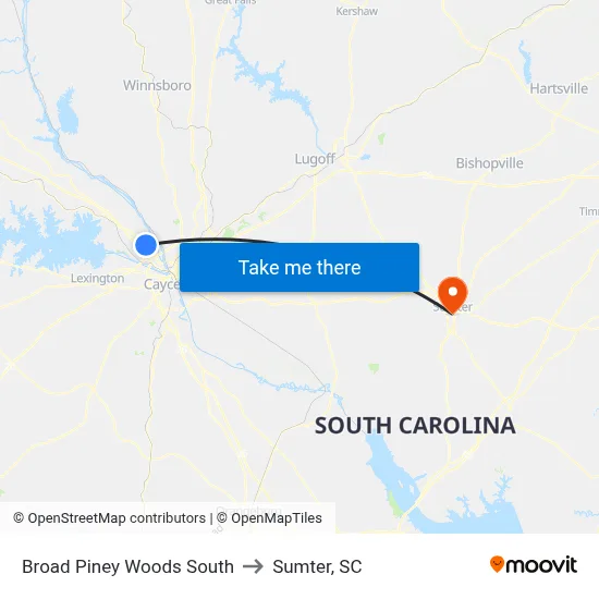 Broad Piney Woods South to Sumter, SC map