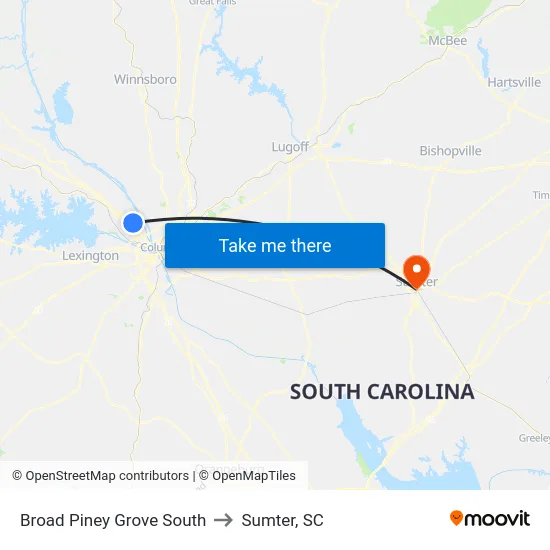 Broad Piney Grove South to Sumter, SC map