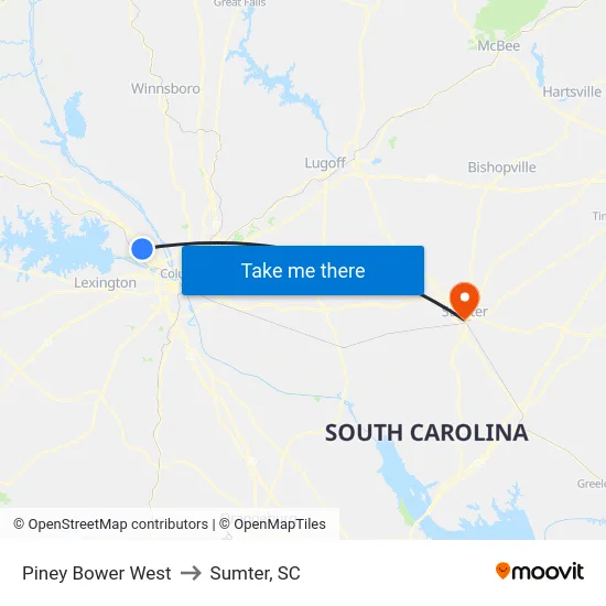 Piney Bower West to Sumter, SC map