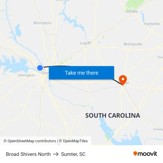 Broad Shivers North to Sumter, SC map