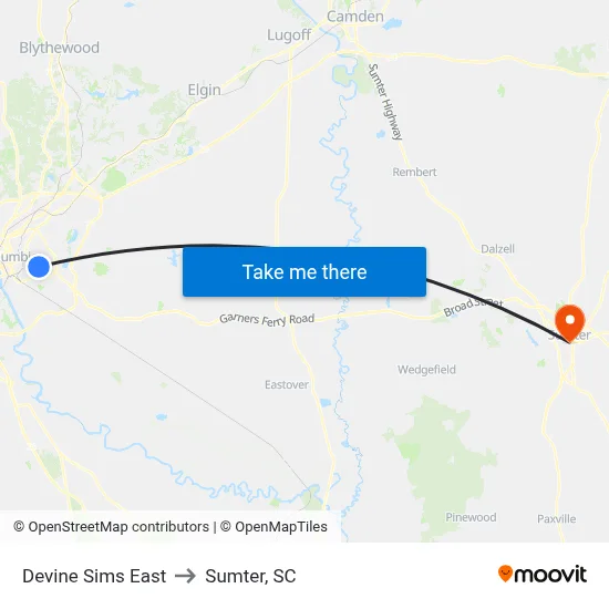 Devine Sims East to Sumter, SC map