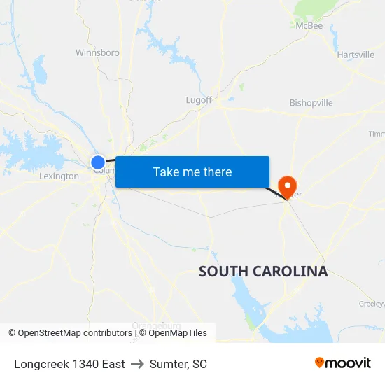 Longcreek 1340 East to Sumter, SC map