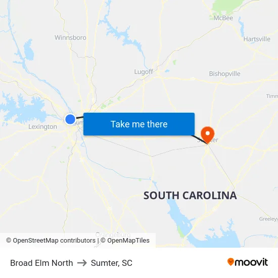 Broad Elm North to Sumter, SC map