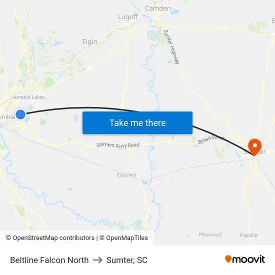 Beltline Falcon North to Sumter, SC map