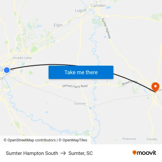 Sumter Hampton South to Sumter, SC map