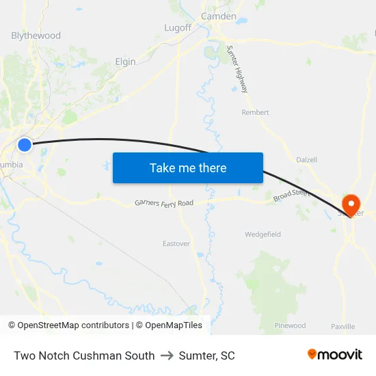 Two Notch Cushman South to Sumter, SC map