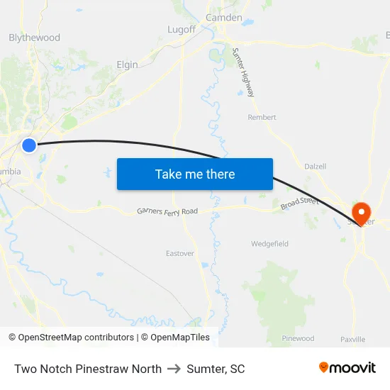 Two Notch Pinestraw North to Sumter, SC map