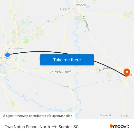 Two Notch School North to Sumter, SC map