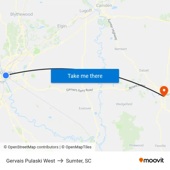 Gervais Pulaski West to Sumter, SC map