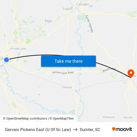 Gervais Pickens East (U Of Sc Law) to Sumter, SC map