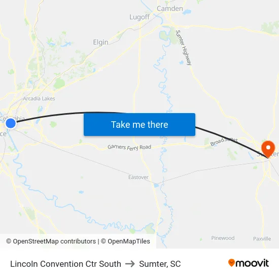 Lincoln Convention Ctr South to Sumter, SC map