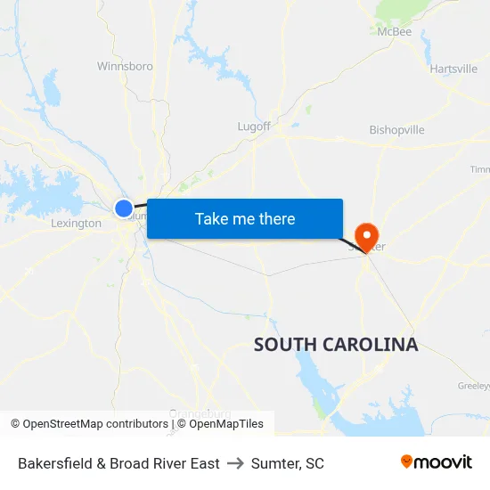 Bakersfield & Broad River East to Sumter, SC map