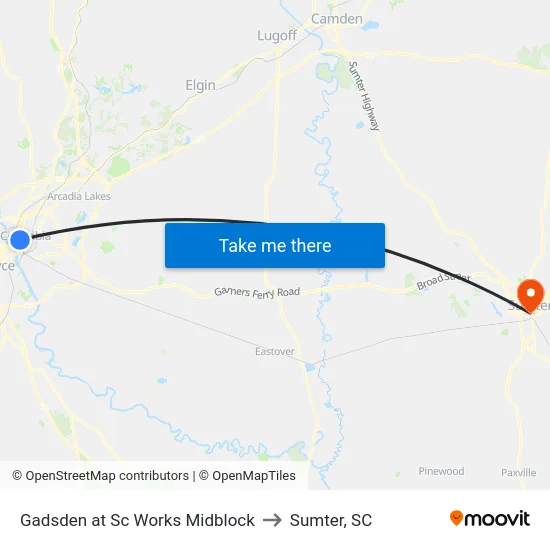 Gadsden at Sc Works Midblock to Sumter, SC map