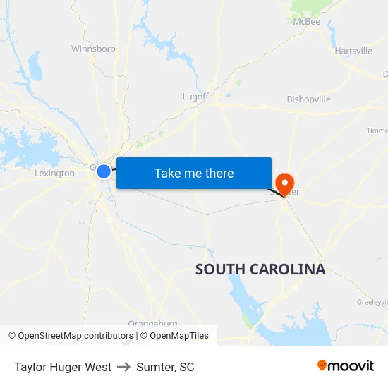 Taylor Huger West to Sumter, SC map