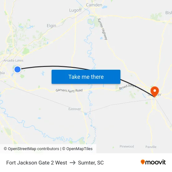 Fort Jackson Gate 2 West to Sumter, SC map