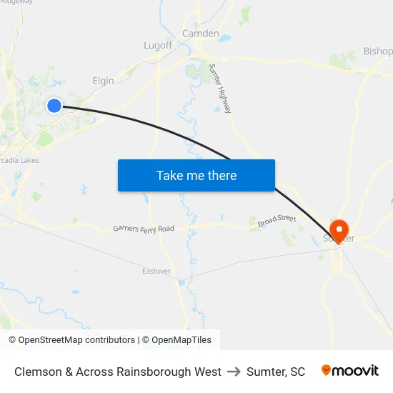 Clemson & Across Rainsborough West to Sumter, SC map
