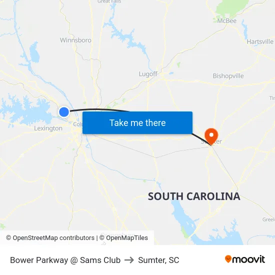 Bower Parkway @ Sams Club to Sumter, SC map