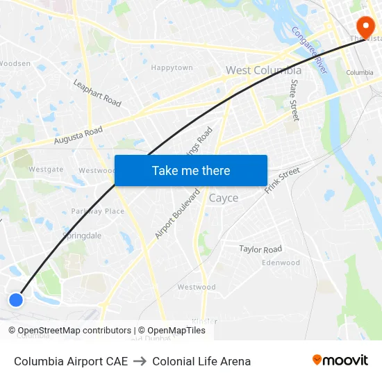 Columbia Airport CAE to Colonial Life Arena map