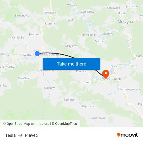Tesla to Plaveč map
