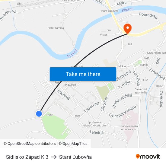 Sídlisko Západ K 3 to Stará Ľubovňa map