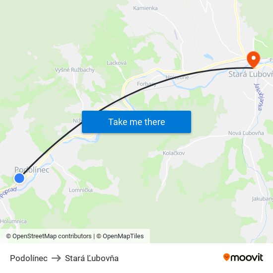 Podolínec to Stará Ľubovňa map