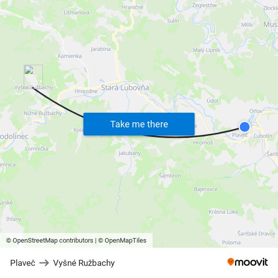 Plaveč to Vyšné Ružbachy map