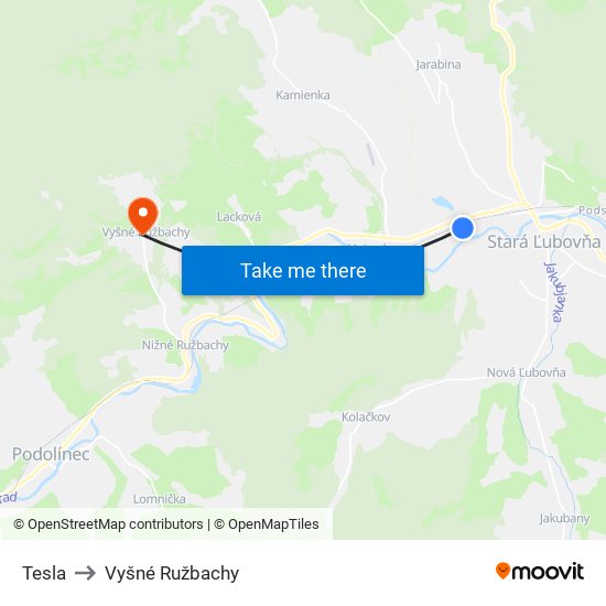 Tesla to Vyšné Ružbachy map