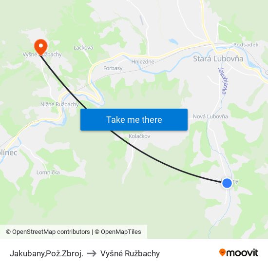 Jakubany,Pož.Zbroj. to Vyšné Ružbachy map