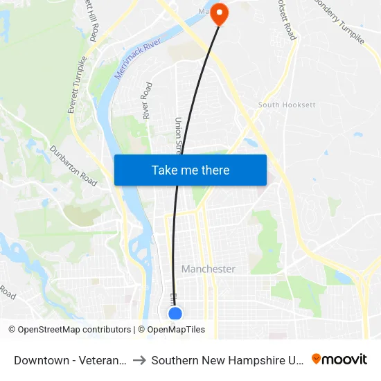 Downtown - Veterans Park to Southern New Hampshire University map