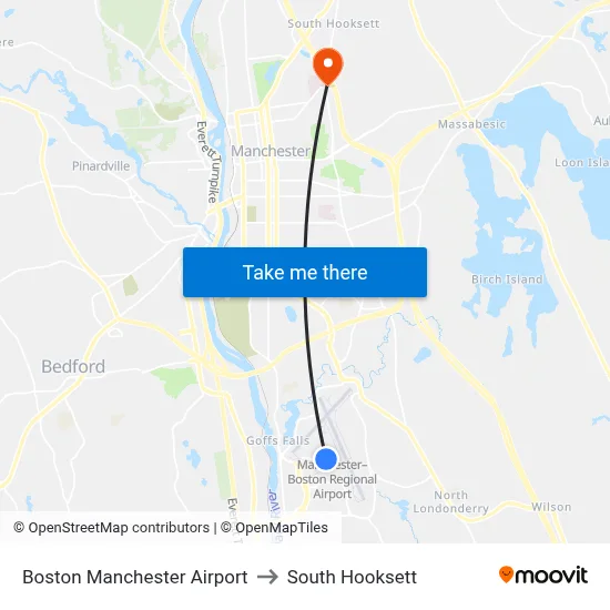 Boston Manchester Airport to South Hooksett map