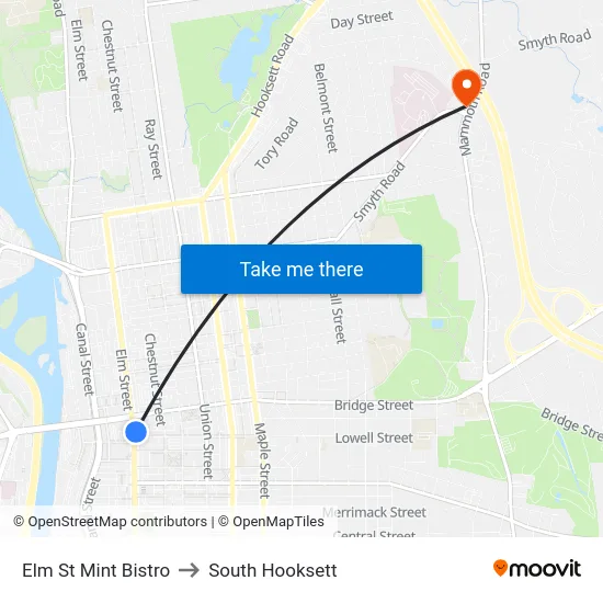 Elm St  Mint Bistro to South Hooksett map