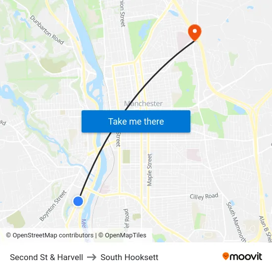 Second St & Harvell to South Hooksett map