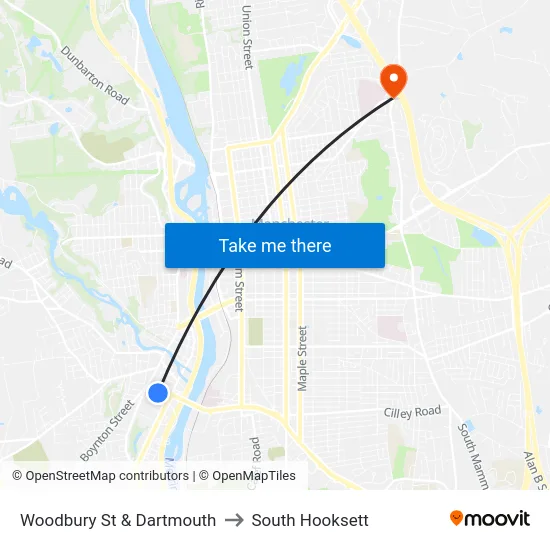Woodbury St & Dartmouth to South Hooksett map