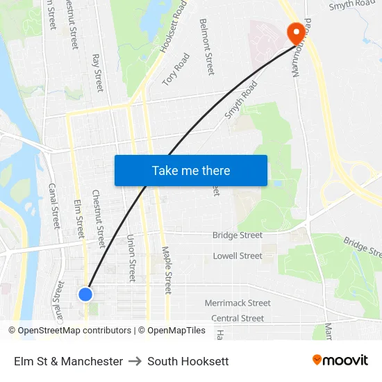 Elm St & Manchester to South Hooksett map
