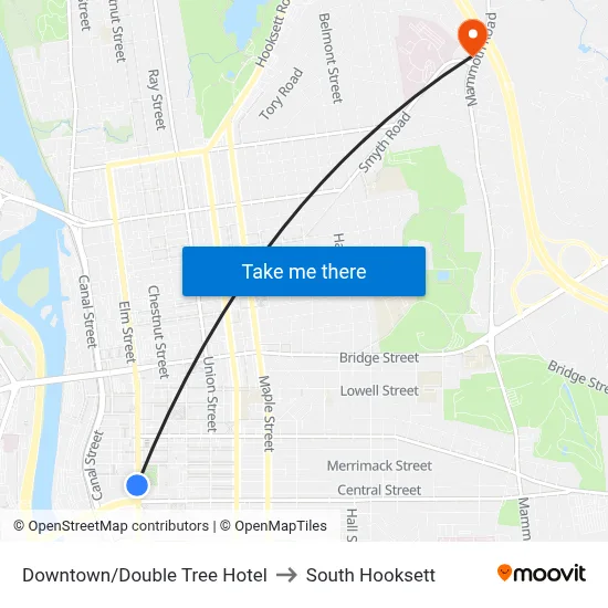 Downtown/Double Tree Hotel to South Hooksett map