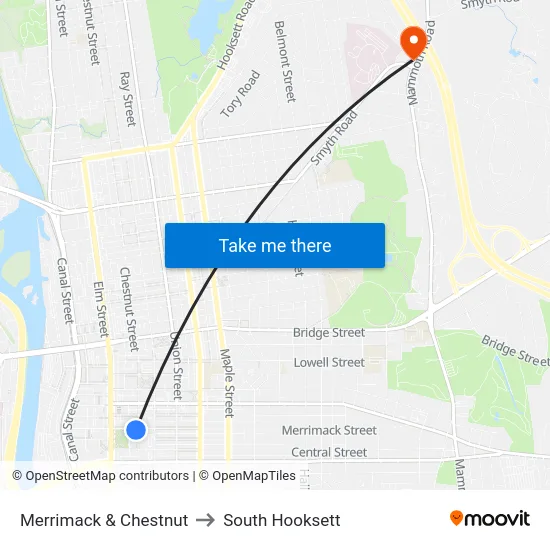 Merrimack & Chestnut to South Hooksett map